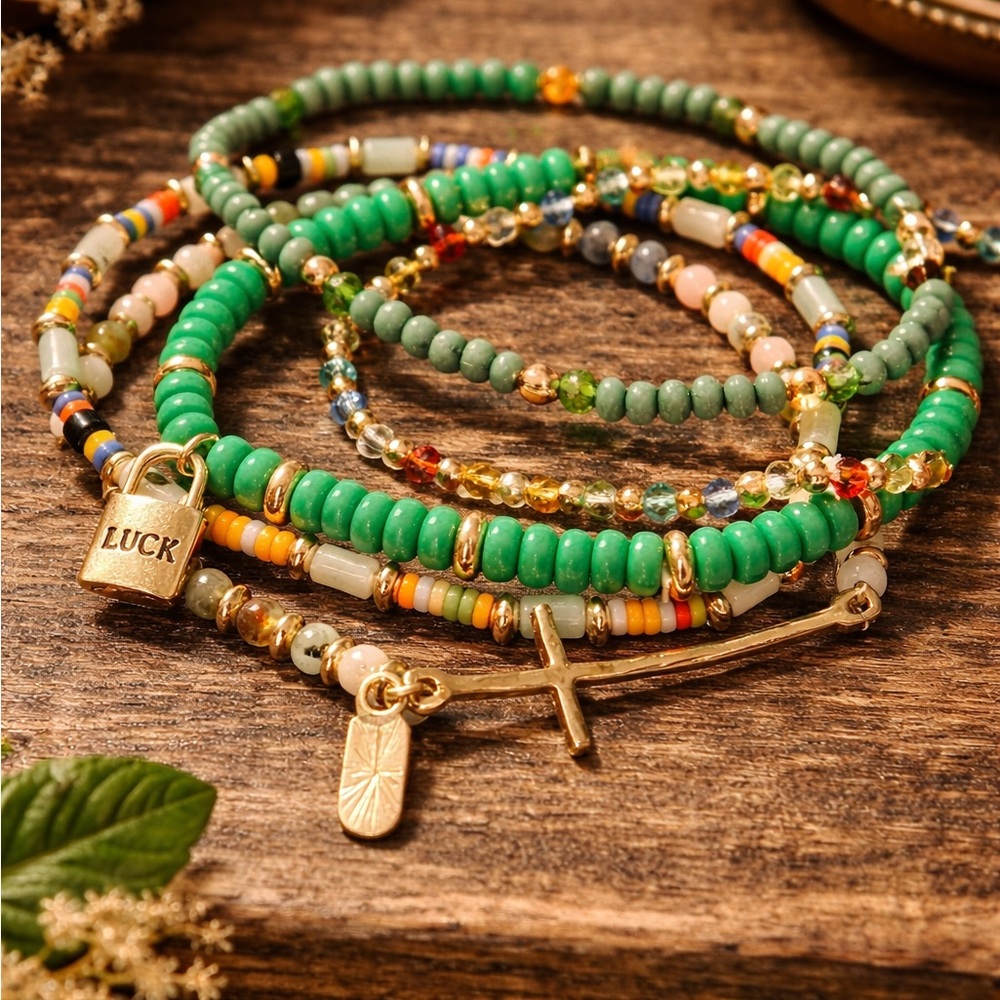 St. Patrick’s Day Bracelet Stack | Green Beaded Lucky Charm Bracelets